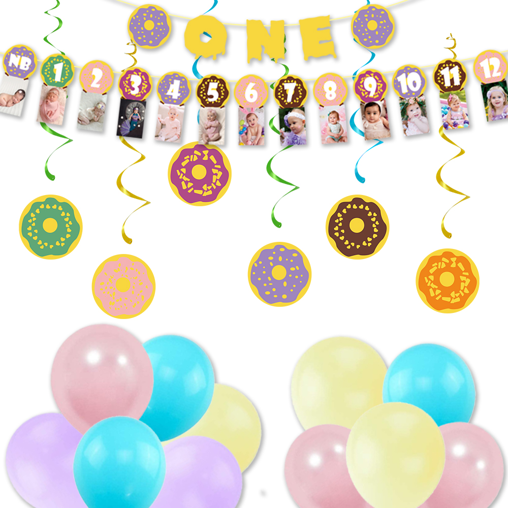 1 Set Donut First Birthday Party Decorations Supplies Include one banner and photo banner donut hanging swirl balloon for decor