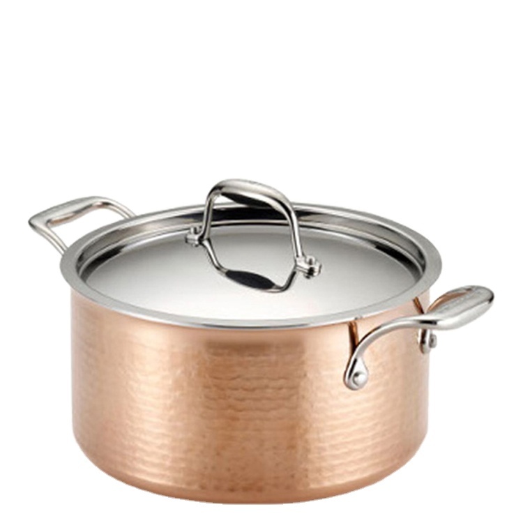 OEM Commercial 3 Layer Hammer Copper Stockpot with Stainless Steel Lid for Induction Kitchen Cooking