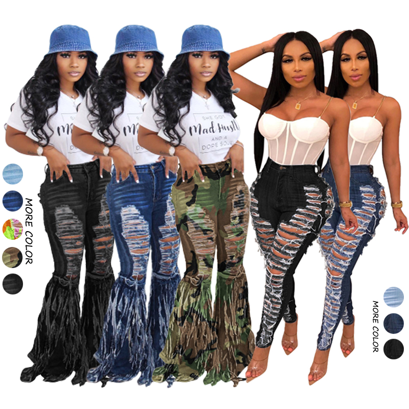 Drop Shipping Fringed Brushed Women'S Casual Flared Pants Bell Bottom Wide Leg Jeans Flare Jeans