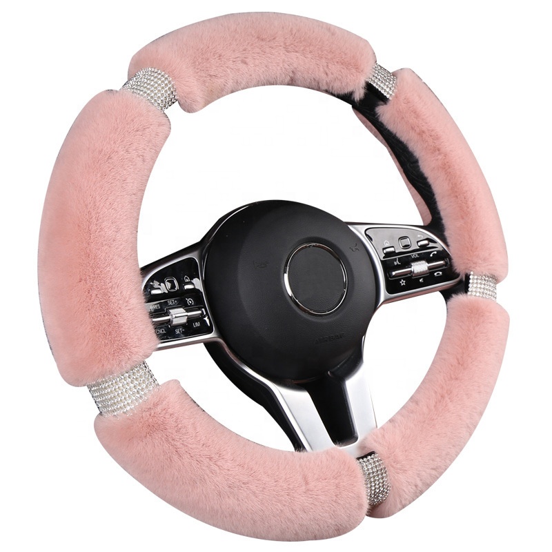 Luxury Fluffy Steering Wheel Cover with Bling Rhinestones Diamond D Type Fur Car Steering Covers Universal 38cm For Women Girl