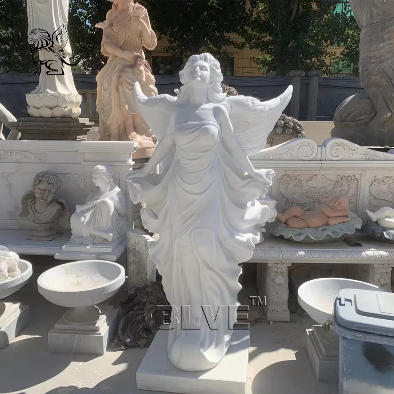 BLVE Life Size Garden Sculpture Hand Carved White Marble Angel Sculpture Natural Stone Greek Goddess Statues