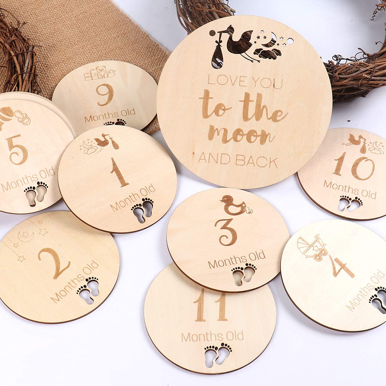 Wooden Baby Monthly Milestone dics 13 Engraved Milestone Discs from Newborn to 1 Year Baby Birth Announcement Sign with bag