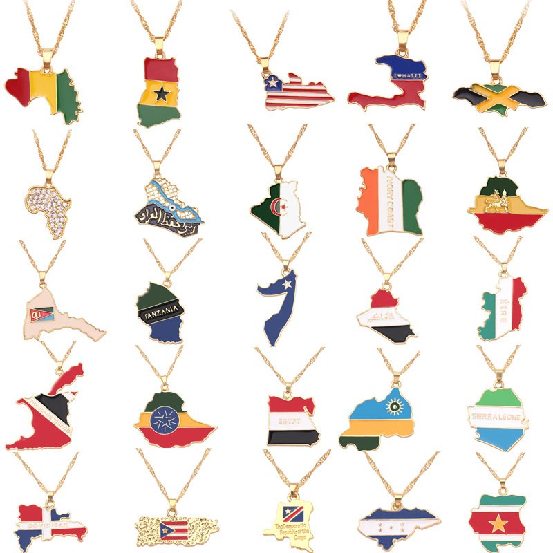 Ethlyn Country Map Flag Necklace Africa Ghana Haiti Jamaica Nigeria India Brazil Alloy Pendant Chain Man Jewelry