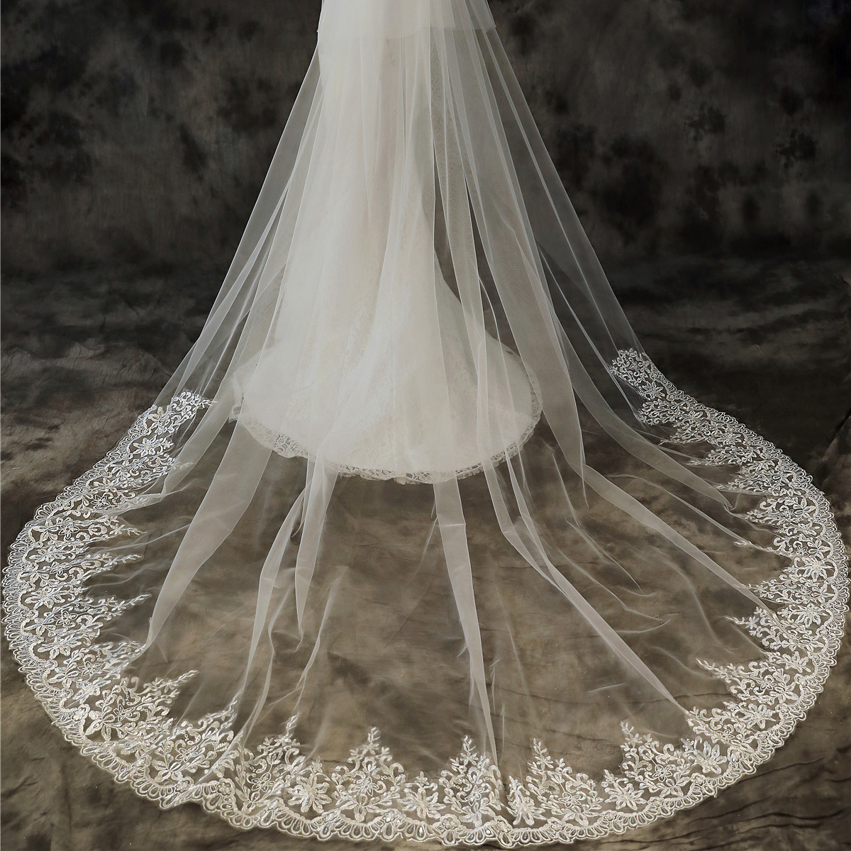 Qushine big tail veil knot wedding ceremony photo veil 3M double layer hair comb high-grade lace applique