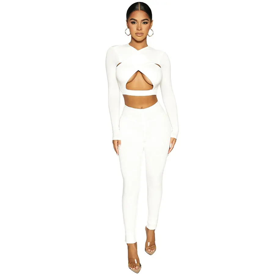 Solid Hollow Out Longsleeve Crop Top Women Clothing Two Piece Pants set