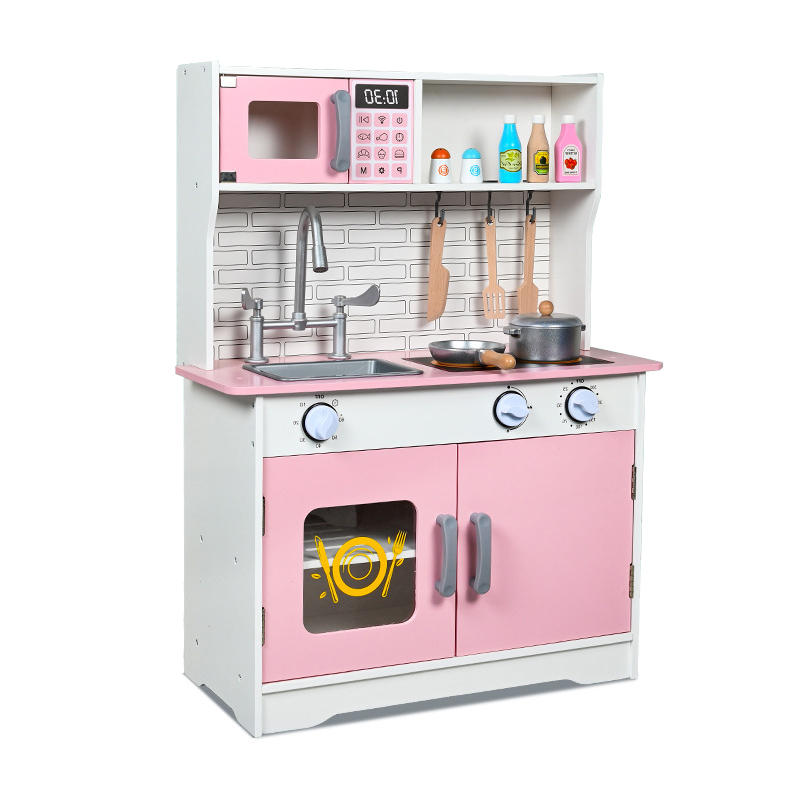 Pink Children's Kitchen Toys Wood Set with Simulation Buttons and Circulating Water System for Kids Girls Kitchen Toys Cooking