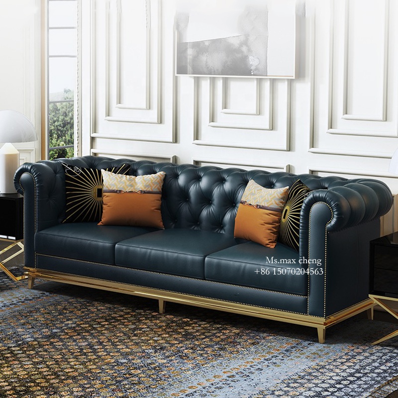 Новый дизайн, диван chesterfield, мебель для гостиной, набор диванов из натуральной кожи, мебель для гостиной, роскошный синий диван chesterfield