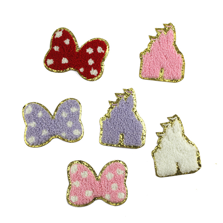 bow and castle chenille embroidered patches with gold glitter DIY accessories for clothing and bag