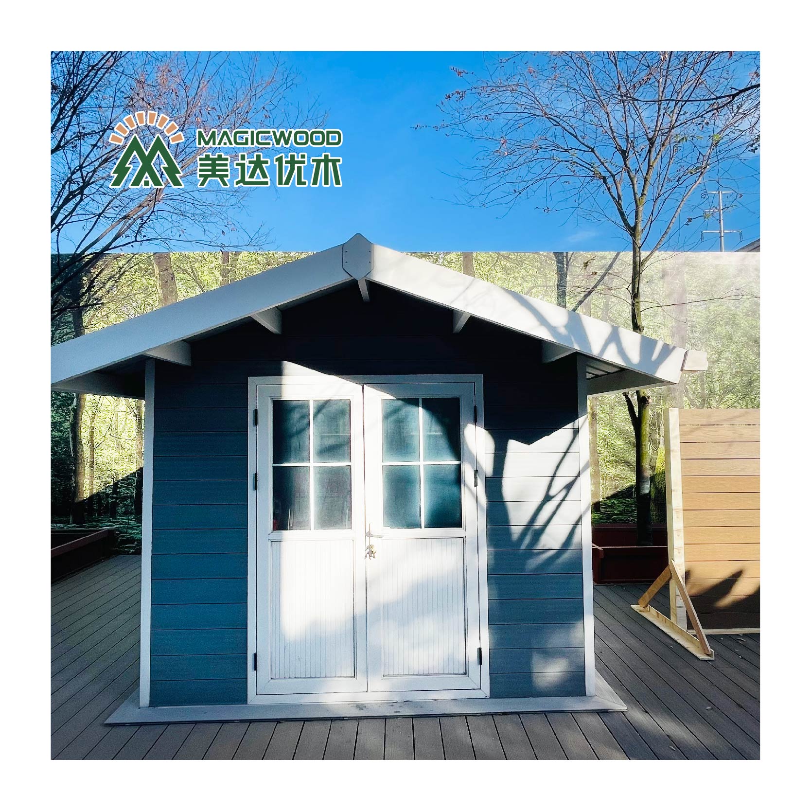 Hot selling wood grain hard wearing villa hotel wood plastic composite shed house tool kit storage house backyard storage shed