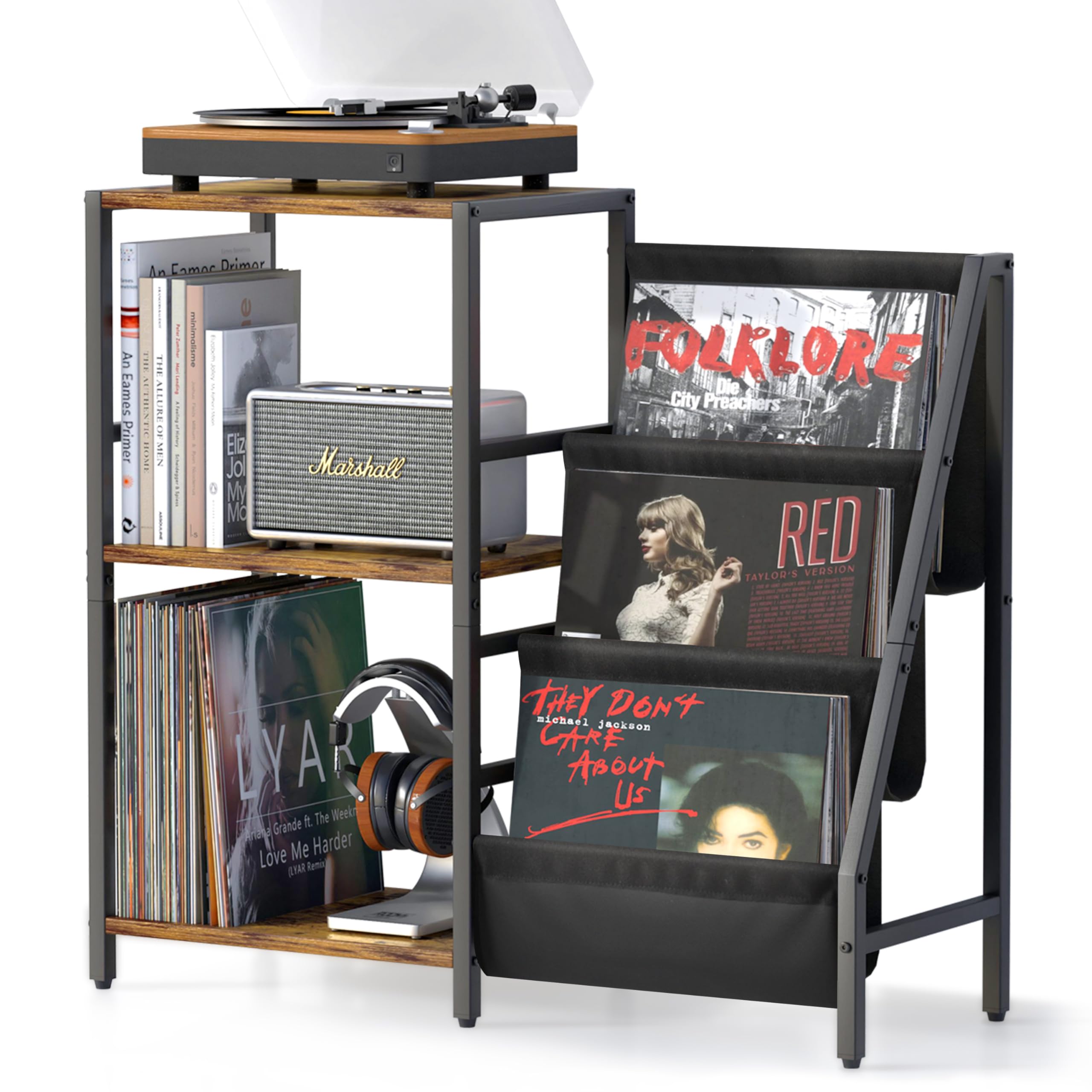 Rustic Home Living Room Furniture Steel Wood Vinyl Table Record CD Storage Rack Shelf Magazine Racks Record Player Stand