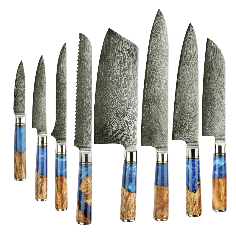 Manufacturer supply handmade kitchen knife professional VG10 chef knife gift set with Blue Resin Handle