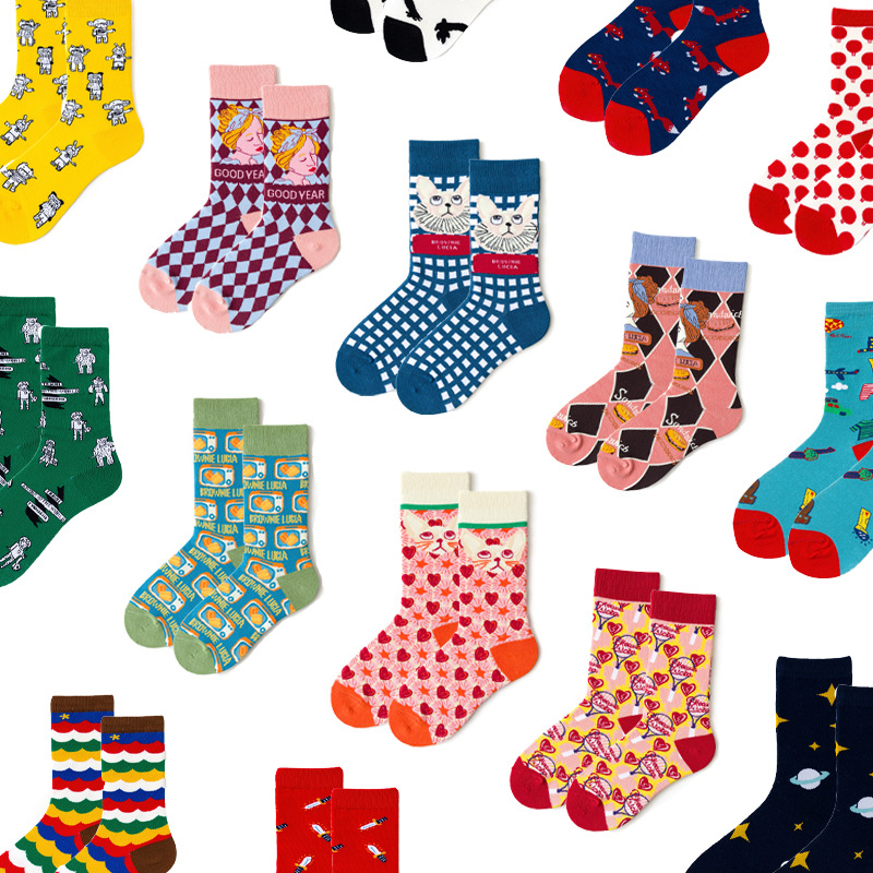 wholesale fashion funny Checkered cute girls crew cotton street women cartoon Plaid happy socks