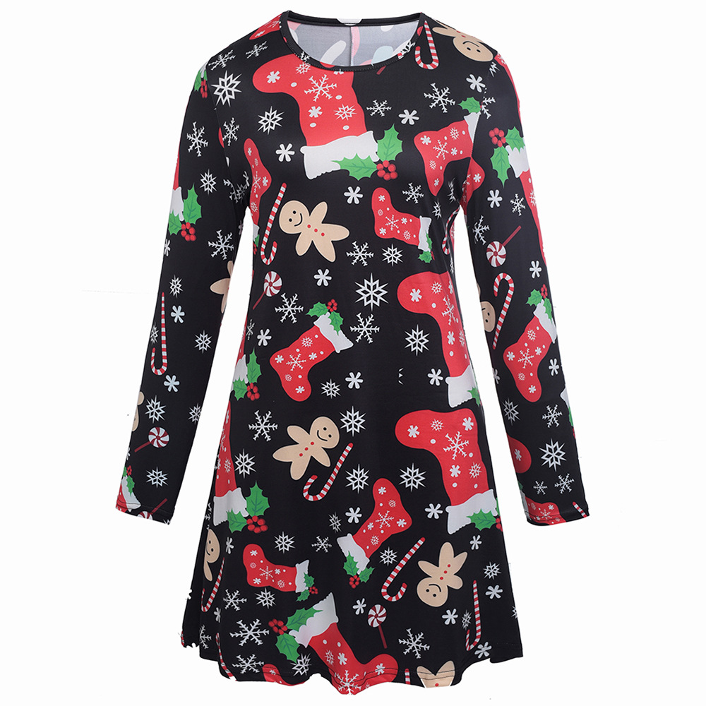 2021 parent-child dress Christmas dress up girl long-sleeved round neck print autumn and winter