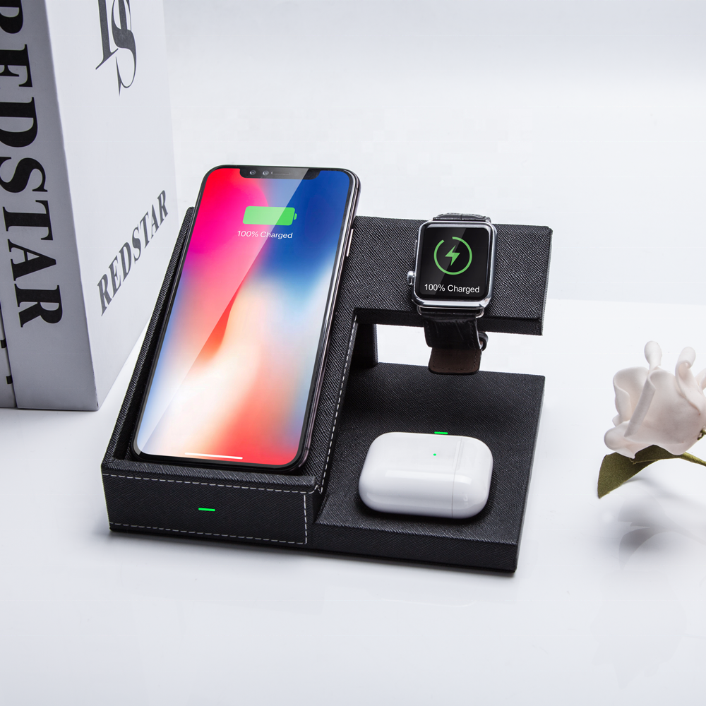 Лидер продаж, беспроводное зарядное устройство 3 в 1 из искусственной кожи для iphone, airpods, iwatch
