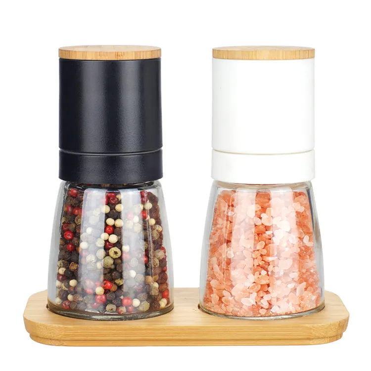 Adjustable Manual Glass Jar Bamboo Base Spice Herb Salt and Pepper Grinder Set for Sale