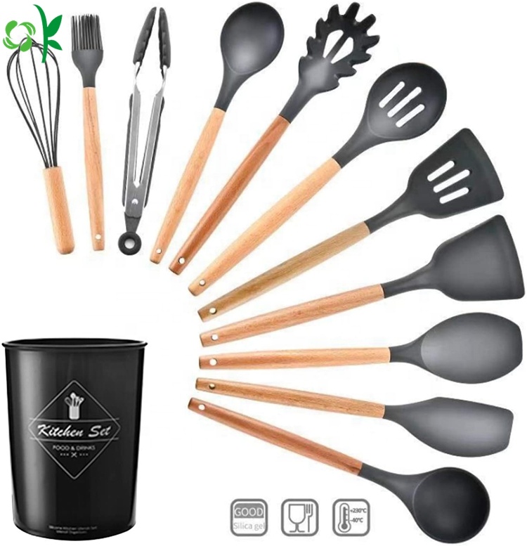 OKSILICONE Amazon хит продаж 11 упаковок разного размера, набор силиконовых деревянных кухонных принадлежностей, набор антипригарных кухонных шпателей
