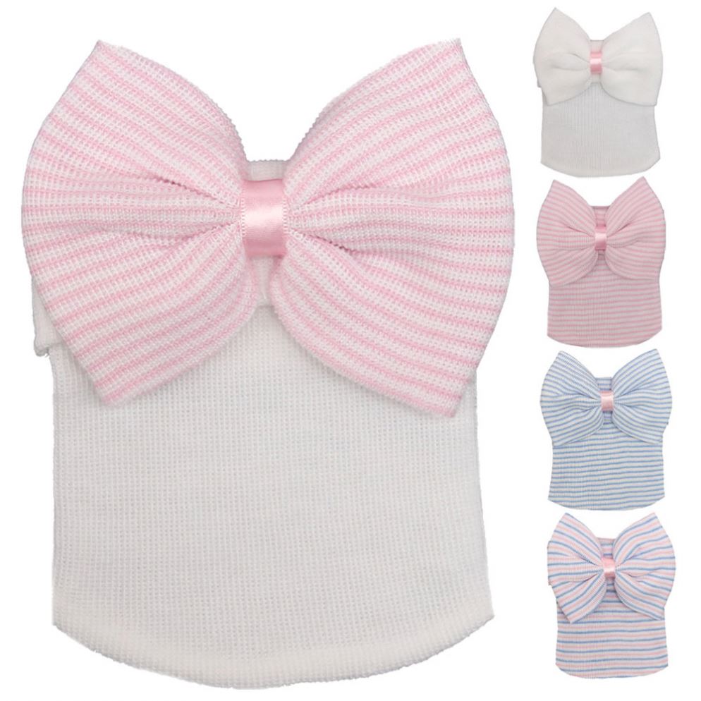 Wholesale Newborn Baby Big Bow Knitted Pullover Hat Spring Autumn Lovely Spot Stripe Cotton Hat 0-3 Months