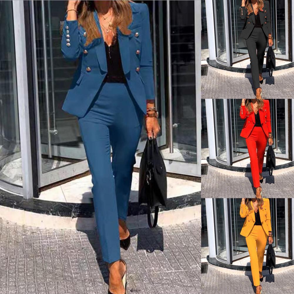 Plus Size Long Sleeve Female Women's Suit Button Solid Color Business Pants Blazer Suit Set Office Career Wear Women