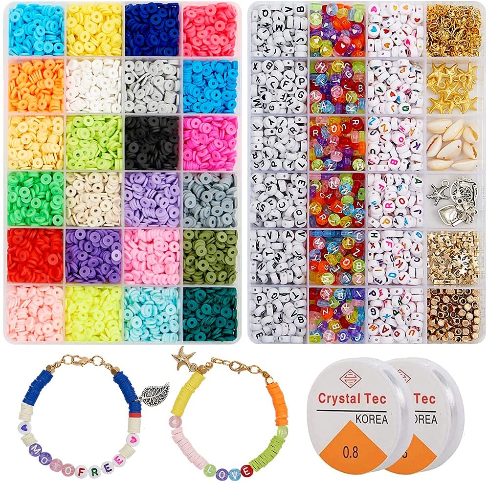 900Pcs Letter Flat Round Clay Beads Pendants Jump Rings Clay Bead 6000 Pcs Clay Heishi Beads