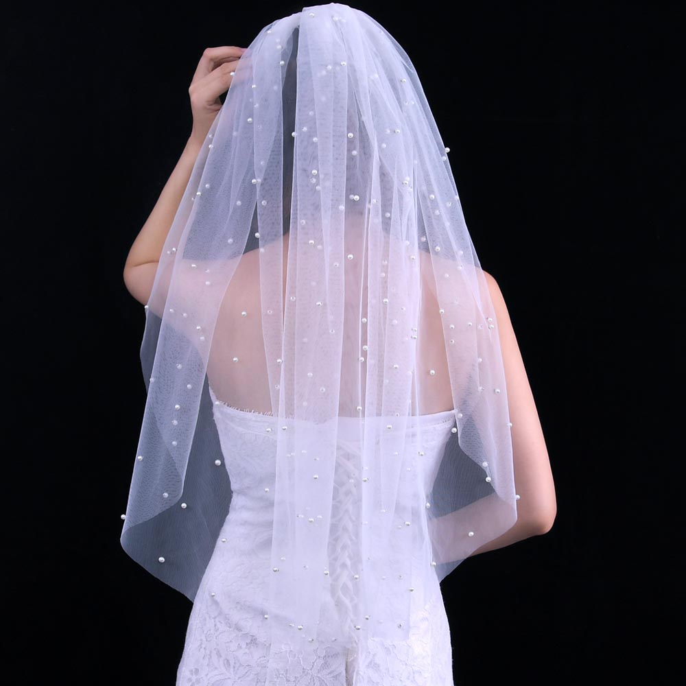 Romantic Outdoor Pearl Wedding Bridal Veils High Quality Bridal Wedding Accessories Women Plain Party Edge