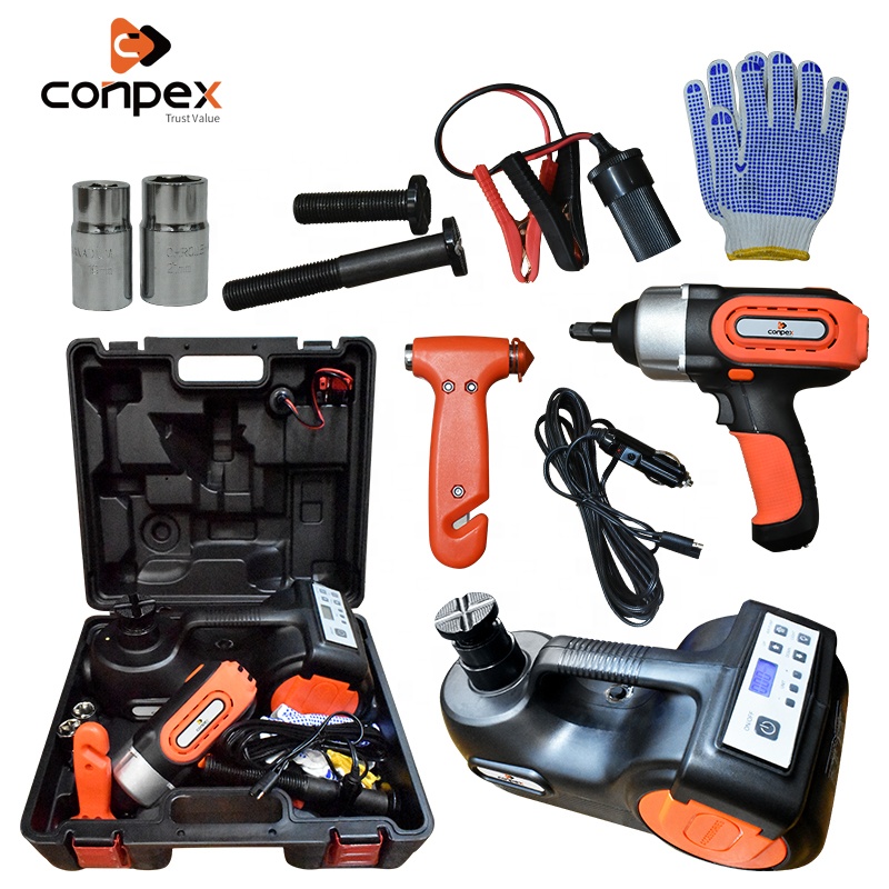 Conpex DC12V 4 in 1 Set Car repair LED Flashlight Electric Impact Wrench Tire Inflator Pump Electric Air Hydraulic Floor Jack
