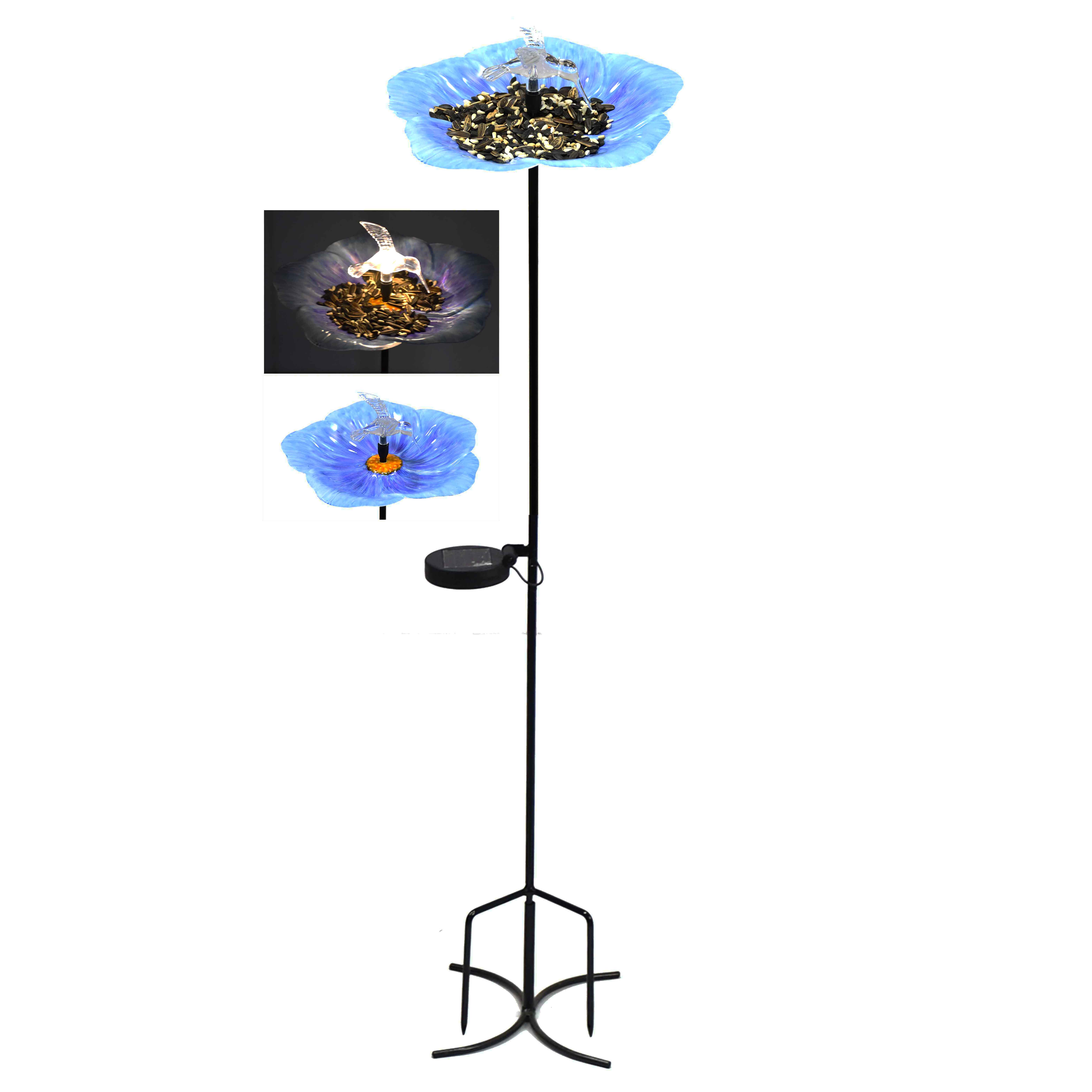 Solar Powered LED Light Flower Shape Metal Bird Feeder Metal Birdbath