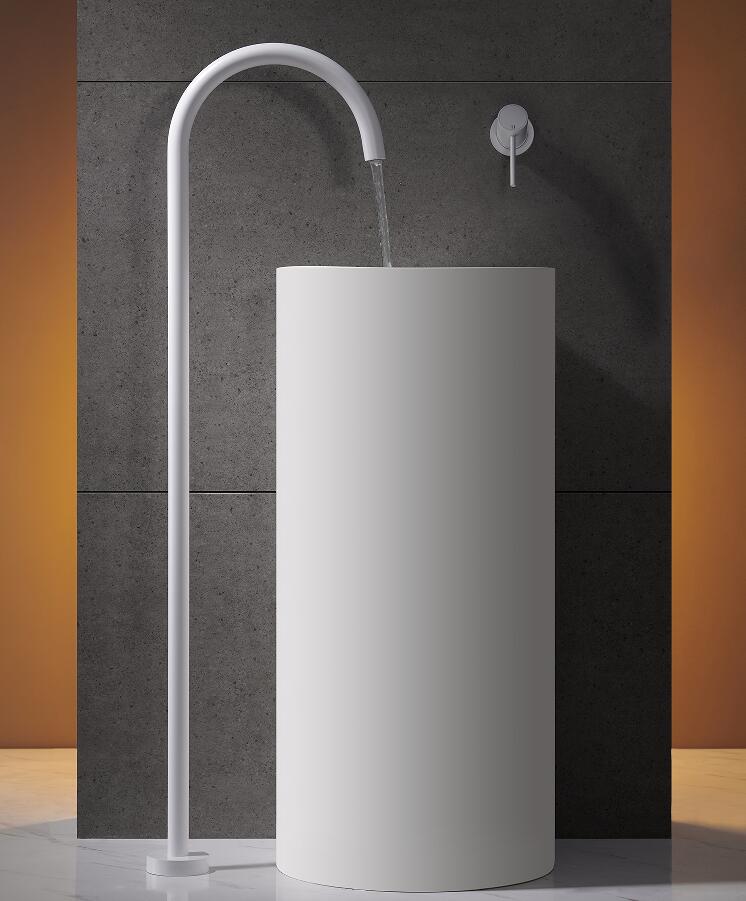 New Design White Free Standing Bathroom Floor Mount Pedestal Sink Faucet for Washbasin with Wall Handle