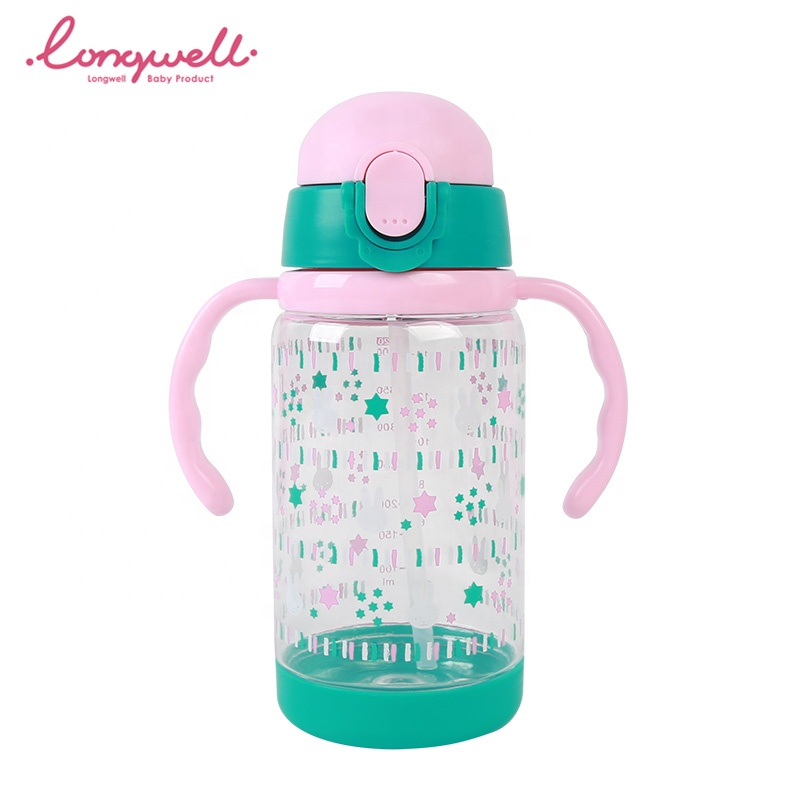 Ningbo Longwell 420ml Handled Kids Drinking Bottles Sipper Tritan Bpa Free Portable Button Lid School Kids Water Bottle Straw