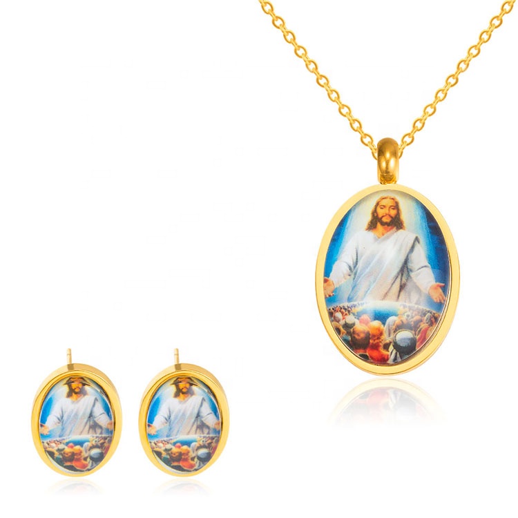 Customizable Gold Plated Picture Jewelry Set Stainless Steel Pendant Portrait Necklace Earrings For Women