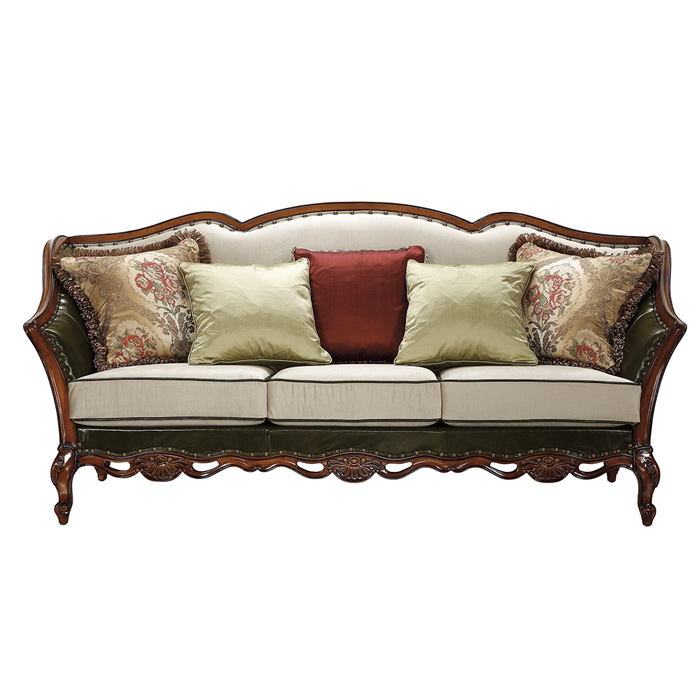 Chinese Other Wood Carved Antique Furniture Sets Genuine Leather 3 Seater Wooden Villa Sofa Living Room Sofas