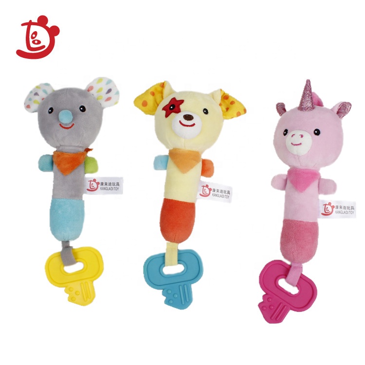 Customized Colorful Dog or Mouse Soft Infant Rattle and Teether Toy Kids Plush Stuffed Unicorn Baby Rattles Toys