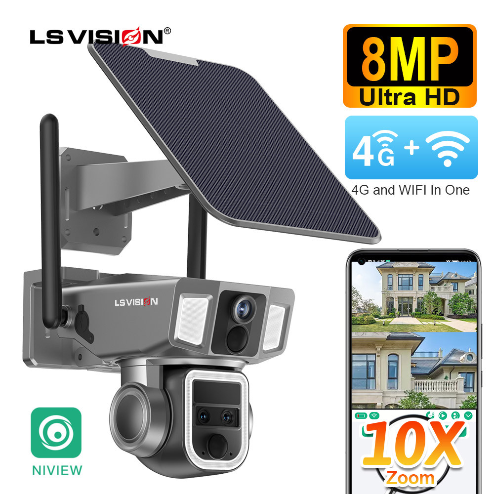 LS VISION 2K 4G 4MP Surveillance Camera With Solar Panel Dual Lens 10X Optical Zoom PTZ Security Solar Camera Outdoor