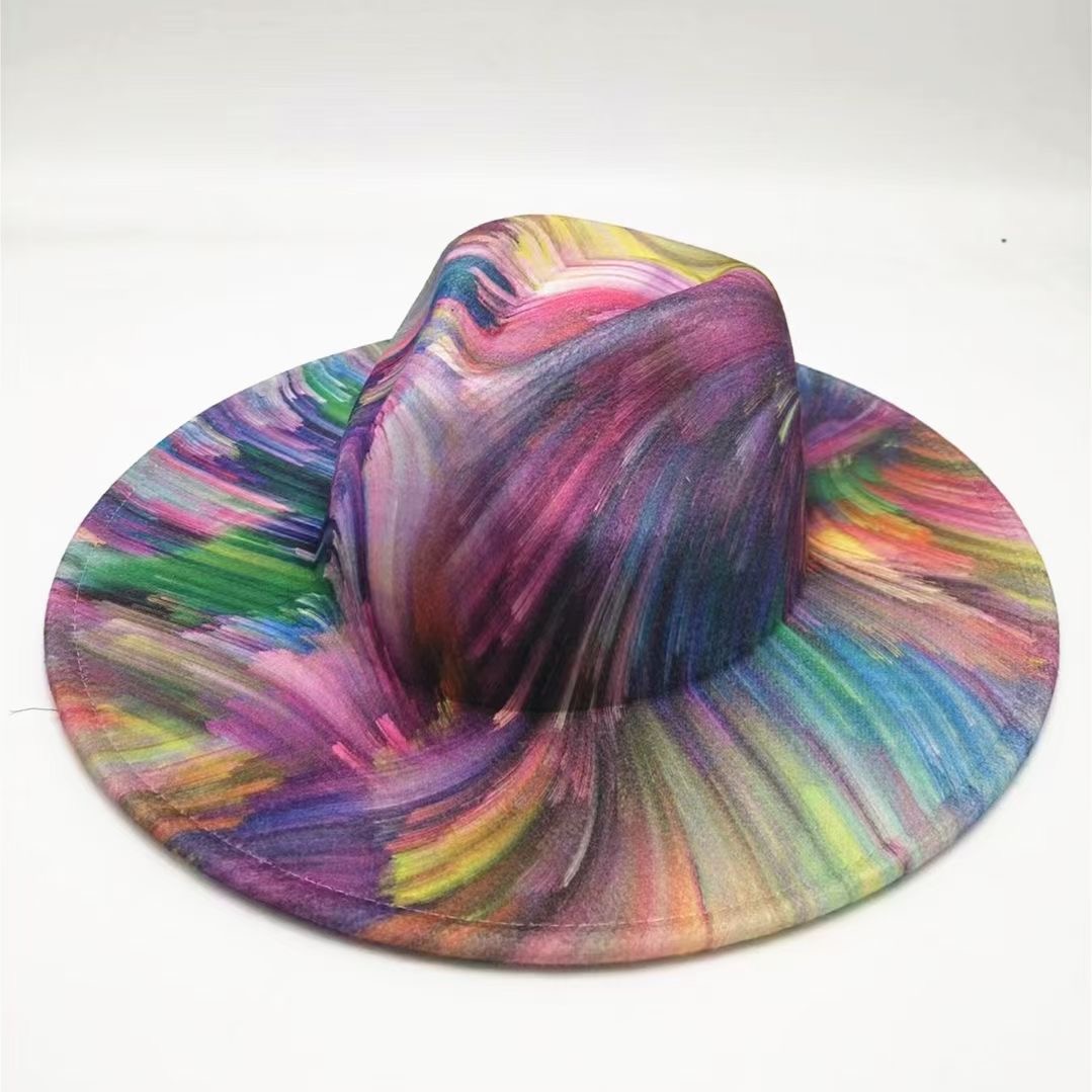 2021 luxury new design tie dye wholesale winter caps custom flat ladies wool wide brim women men two tone graffiti fedora hats
