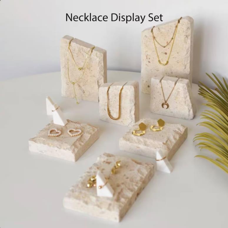 Custom Natural Stone fashion Travertine Jewelry necklace rings Display Stand set tools holder
