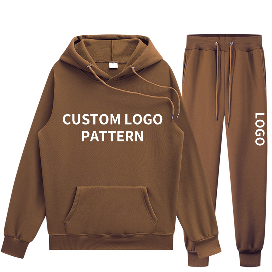 2021 Custom Logo Brown Plain 2 Piece Sweatsuit Unisex Set Oversized Sweatsuit Hoodies Jogger Set Tracksuit
