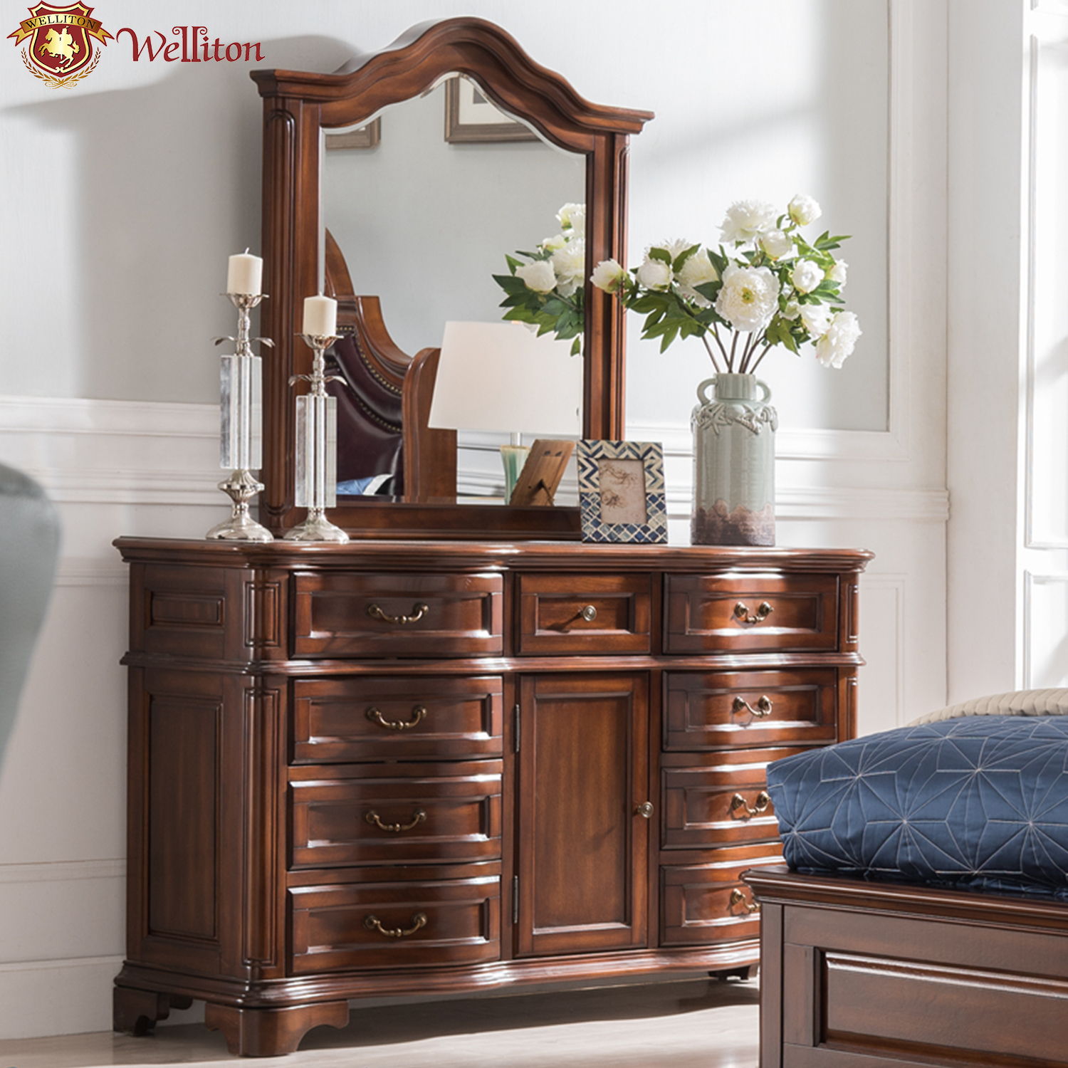 Welliton OEM & ODM soliwood зеркальный комод туалетный столик D603-11 berdroom мебель 6 ящики комода набор туалетный столик