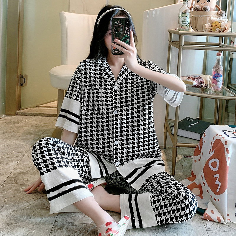 Korean maternity clothes summer new pure cotton short sleeve plaid two-piece homewear suit breastfeeding clothing