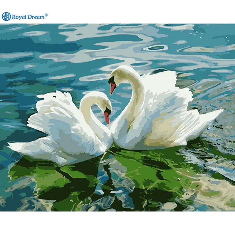 ROYALDREAM Swan in the water Oil painting by digital canvas painting for living room wall artist residence decoration