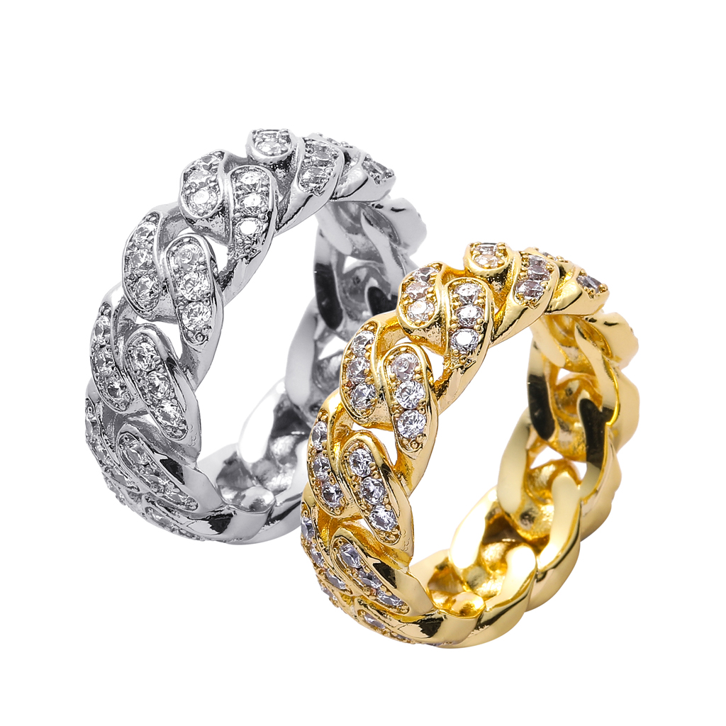 Punk Fashion Jewelry Hip Hop 14K Gold Plated Rings 8mm Iced Out Zircon Cuban Chain Ring Micro-set Zircon Jewelry