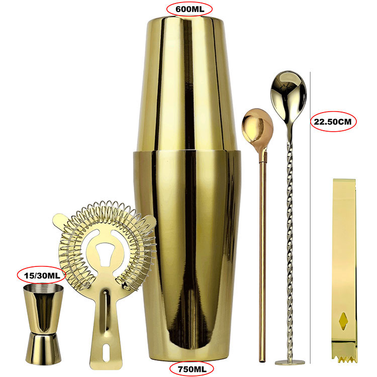 2022 Manufacturer Hot Sale Rose Gold Boston 750ml Martini Shaker High Quality Stainless Steel 6 Piece Gold Cocktail Shaker Set