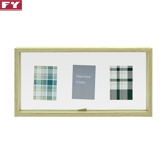 Modern minimalist wooden glass photo frame set up on the wall