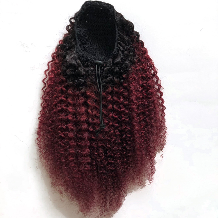 Afro kinky curly Human Hair Ponytail Extensions T1b/99J Ombre Hair Extensions Soft Drawstring Ponytail Human