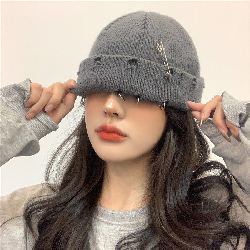 New Autumn and winter broken hole solid color knitted hipster street all-match hat