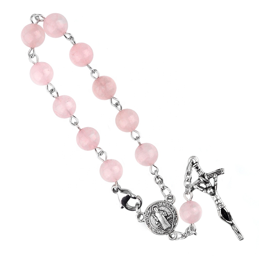 Rose Quartz Decade Rosary Pink Stone Cross Bracelet Catholic Stainless Steel Virgin Mary St Benedict Rosaries