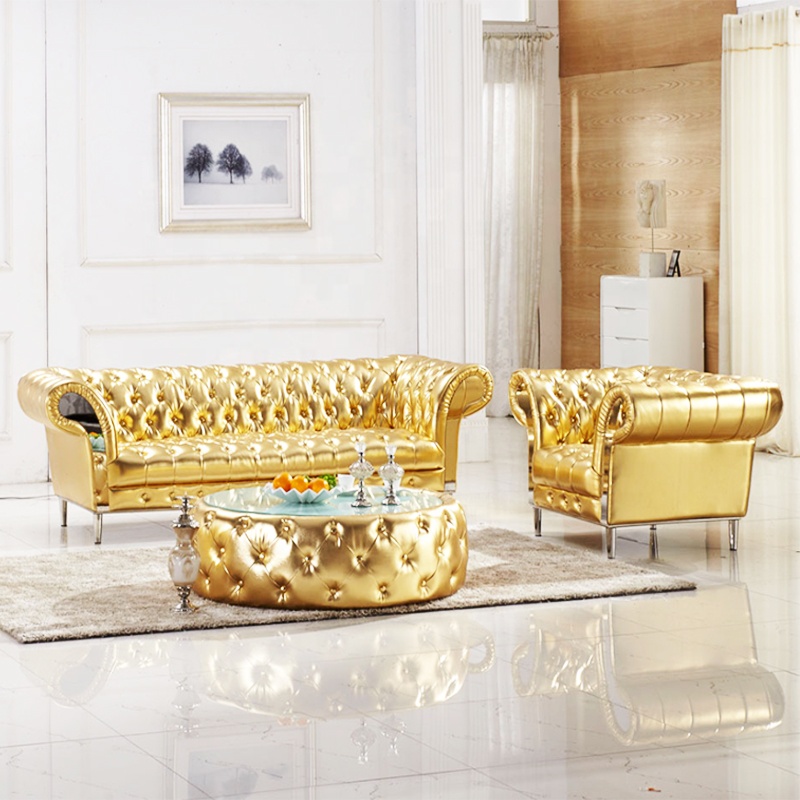 Новый Классический комплект диванов chesterfield из золотой натуральной кожи для гостиной, необычная перспективная Противоударная мебель с SS