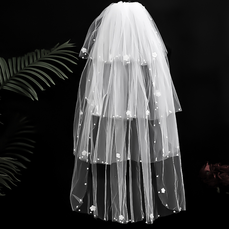 Four-layer White Pearl 100% Polyester Flowers Bride Headdress Veil With Comb For Wedding Party Girl's Bride Dresses