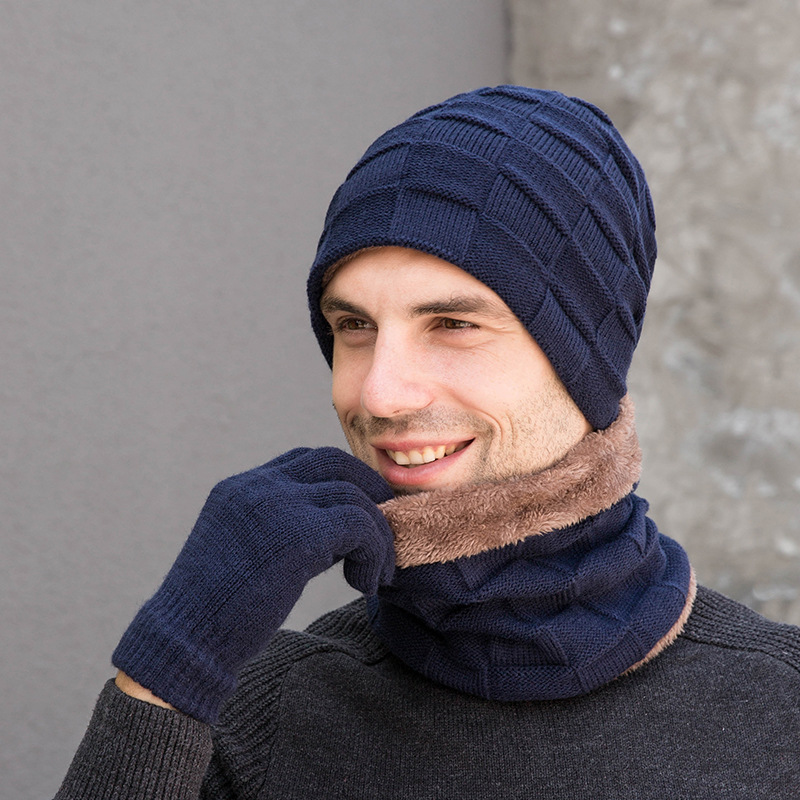 Hot selling winter warmth woolen knitted plush velvet hat scarf gloves set men's outdoor cycling hats set