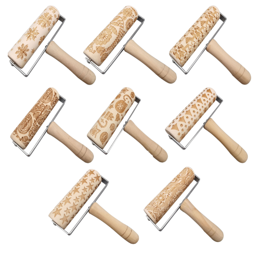 Laser carved Solid wood elk snowflake embossed print Christmas Roll the rolling pin for wooden press cookie baking tools