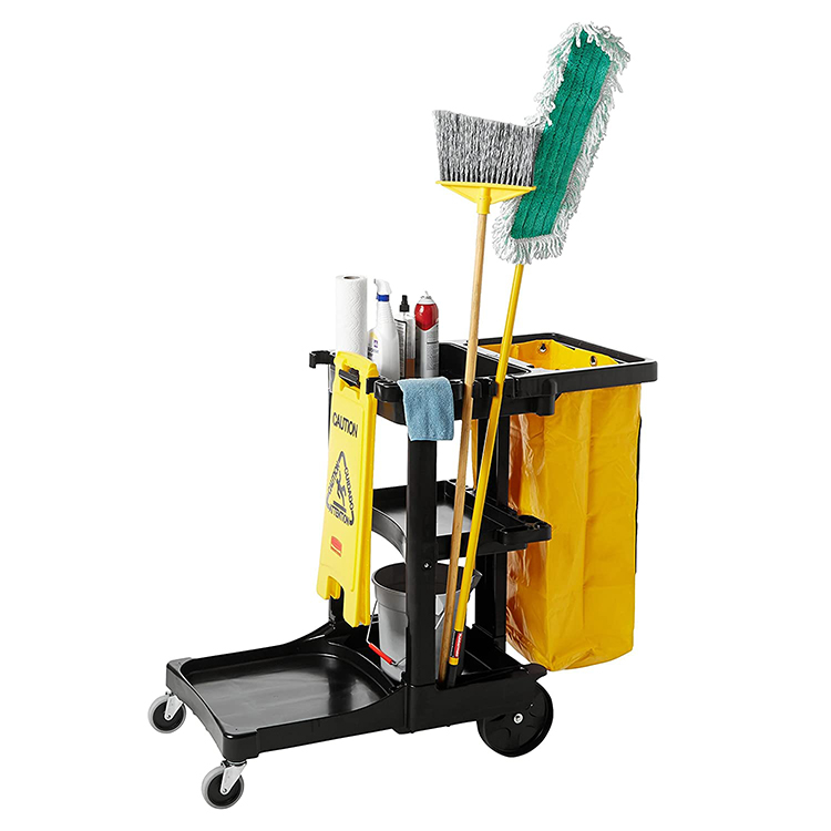 Hotel Cleaning Products Black Janitorial 3-shelf Cart Wheeled With Zippered Yellow Vinyl Bag