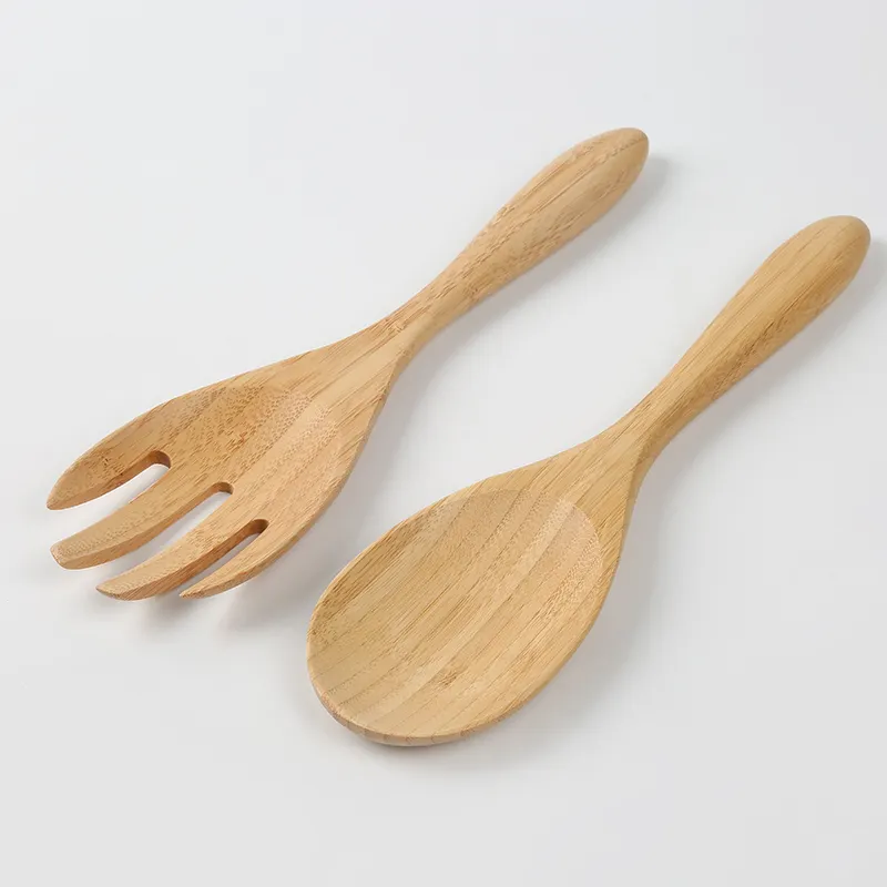 Kitchen Bamboo Wooden Salad Serving Tool Fruit Dessert Salad Mixing Servers Spoon And Fork For Wedding Hotel Party Restaurant
